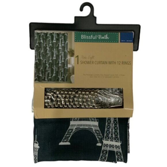 Blissful Bath Paris Shower Curtain Fabric Paris Eiffel Tower Hooks Black White - Picture 3 of 15